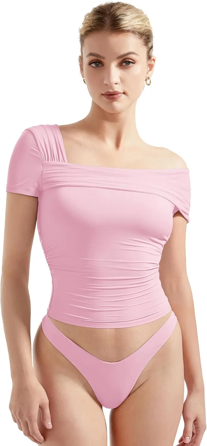 SUUKSESS Women One Off The Shoulder Summer Tank Tops Ruched Short Sleeve Shirts
