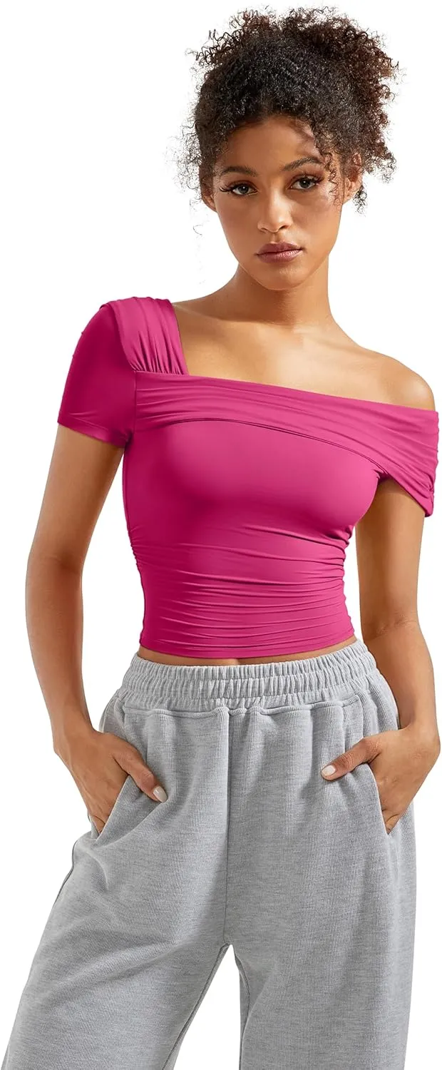 SUUKSESS Women One Off The Shoulder Summer Tank Tops Ruched Short Sleeve Shirts
