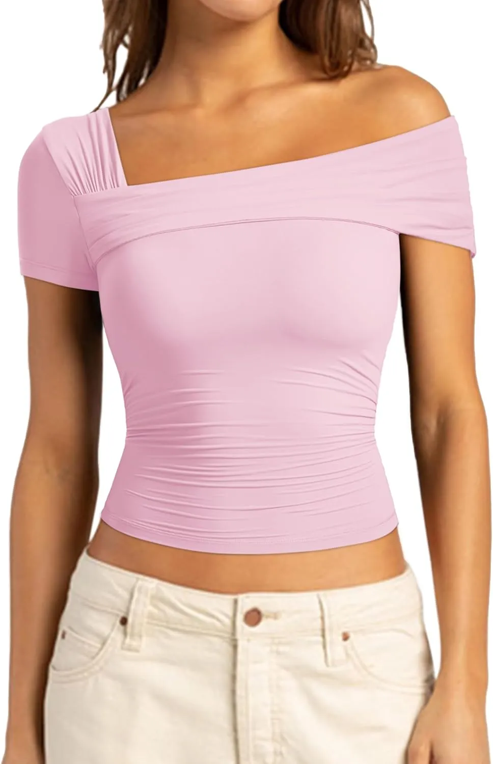 SUUKSESS Women One Off The Shoulder Summer Tank Tops Ruched Short Sleeve Shirts