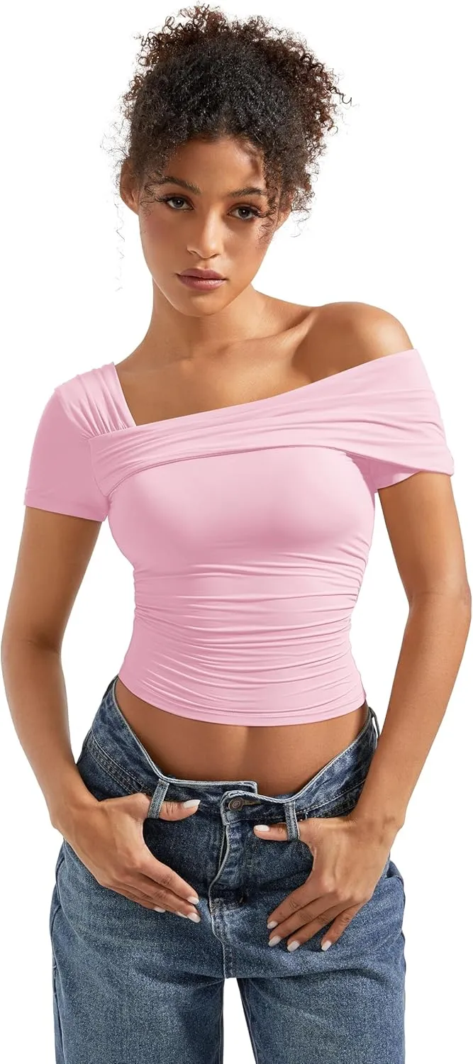 SUUKSESS Women One Off The Shoulder Summer Tank Tops Ruched Short Sleeve Shirts