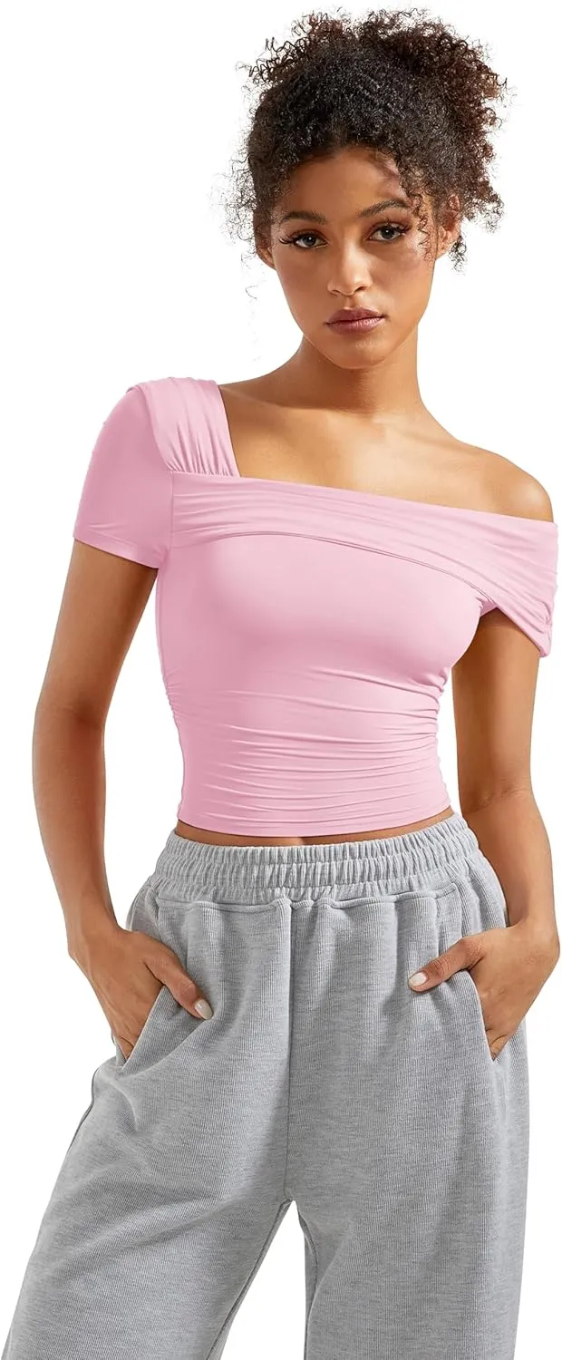 SUUKSESS Women One Off The Shoulder Summer Tank Tops Ruched Short Sleeve Shirts