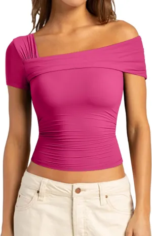 SUUKSESS Women One Off The Shoulder Summer Tank Tops Ruched Short Sleeve Shirts