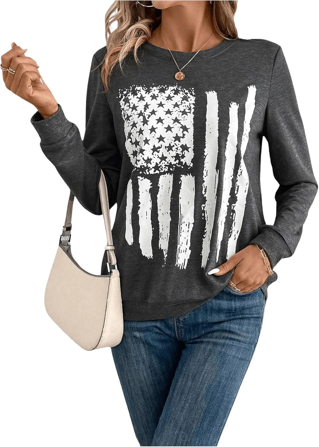 SweatyRocks Women's Round Neck Patriotic Graphic Shirts Tops Long Sleeve Pullover Sweatshirts