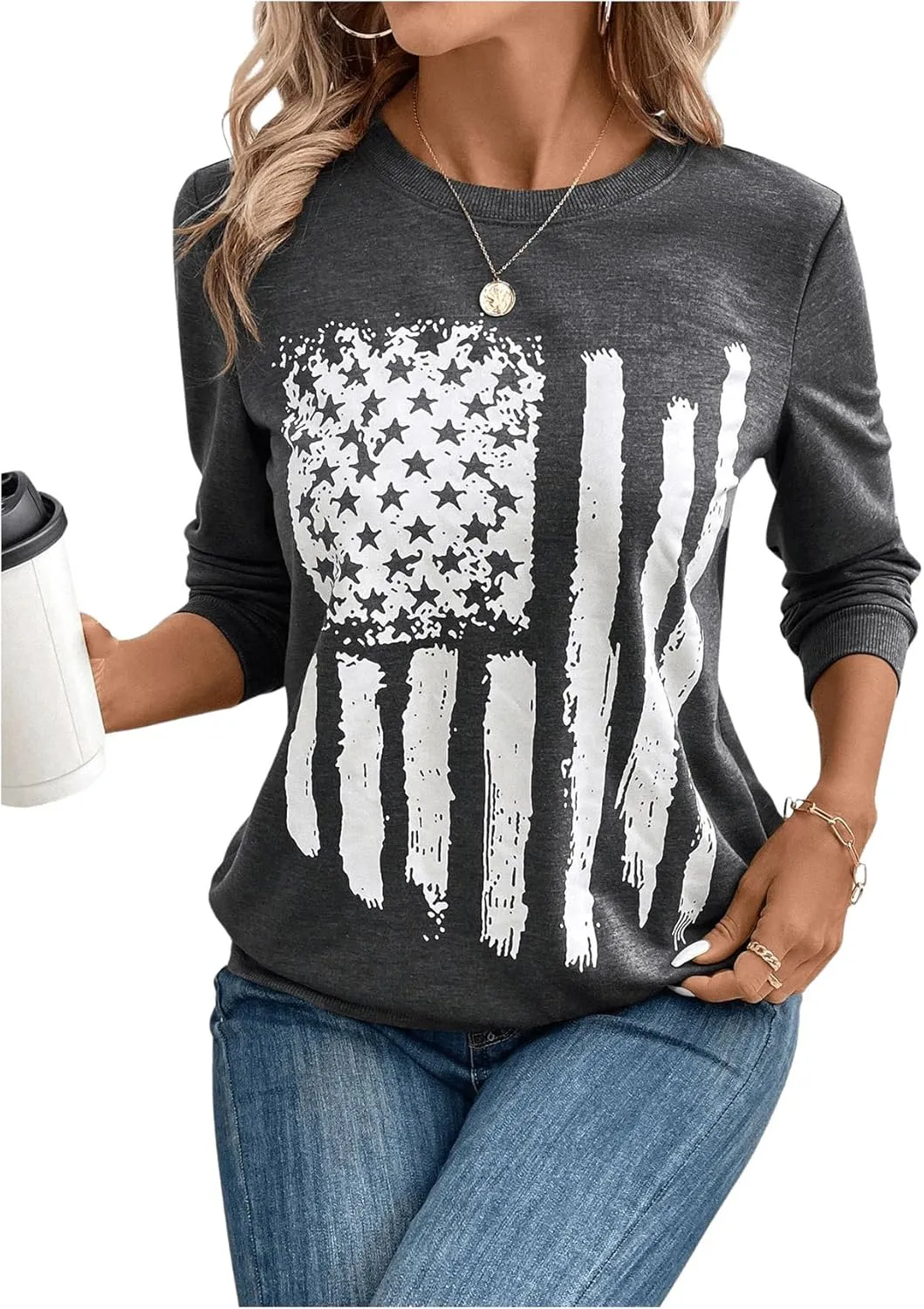 SweatyRocks Women's Round Neck Patriotic Graphic Shirts Tops Long Sleeve Pullover Sweatshirts
