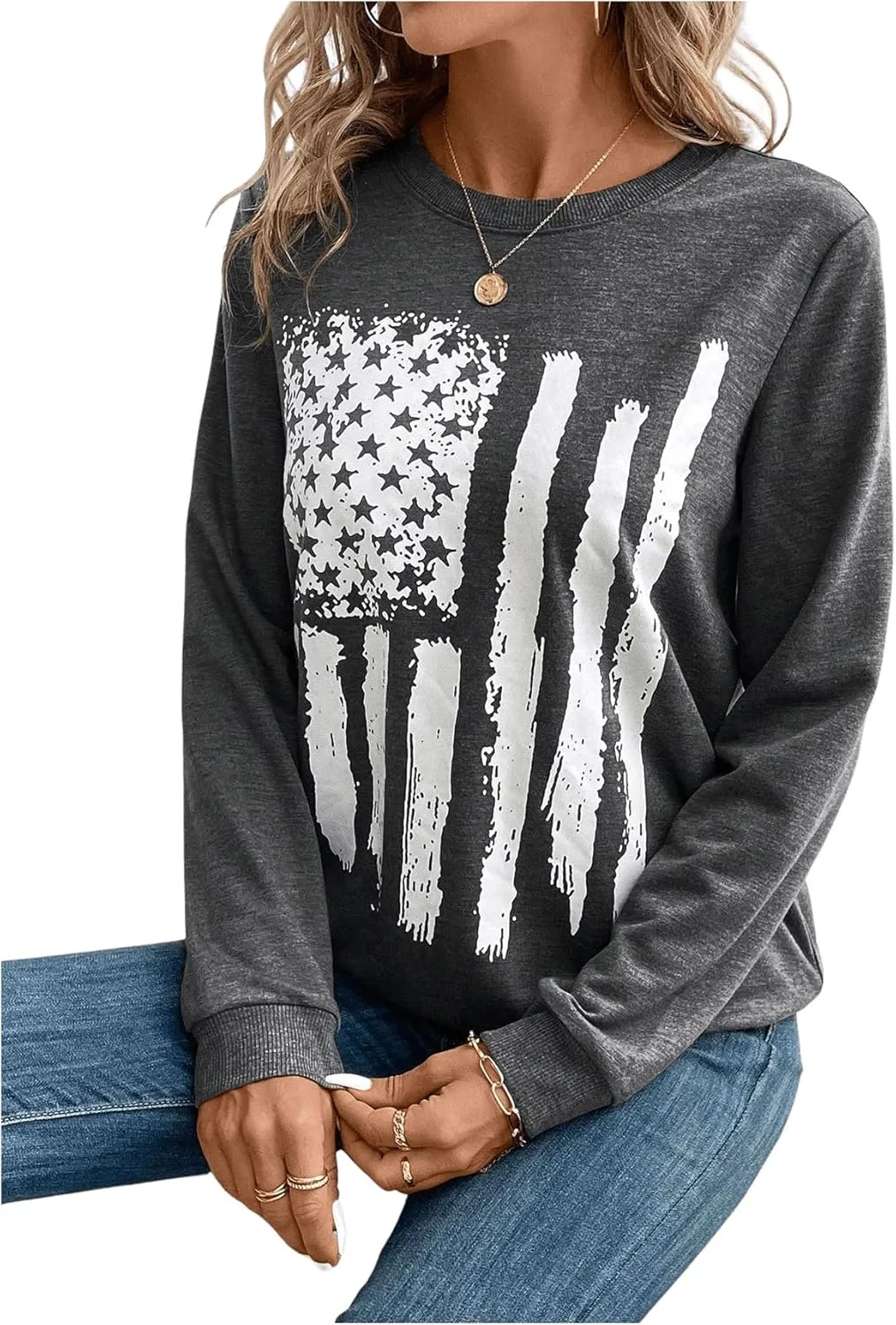 SweatyRocks Women's Round Neck Patriotic Graphic Shirts Tops Long Sleeve Pullover Sweatshirts