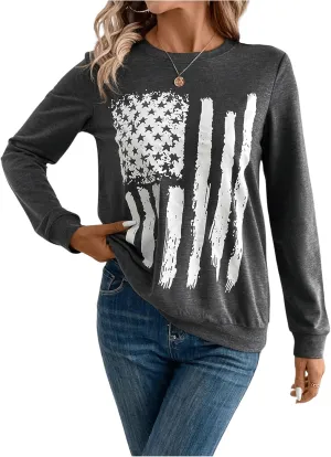 SweatyRocks Women's Round Neck Patriotic Graphic Shirts Tops Long Sleeve Pullover Sweatshirts