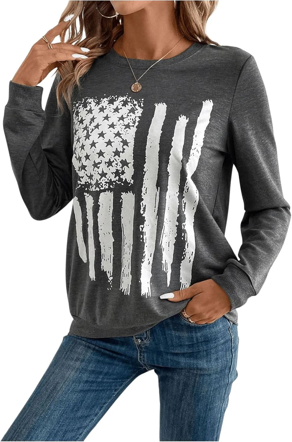 SweatyRocks Women's Round Neck Patriotic Graphic Shirts Tops Long Sleeve Pullover Sweatshirts