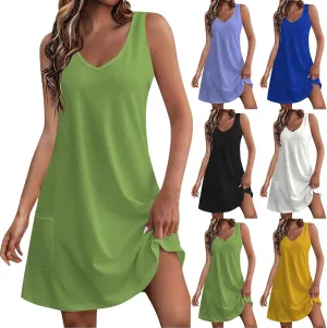 Tank Dresses with Pockets for Women Beach Boho V Neck Sleeveless Tshirt Dress Casual Loose Flowy Solid Travel Sundress