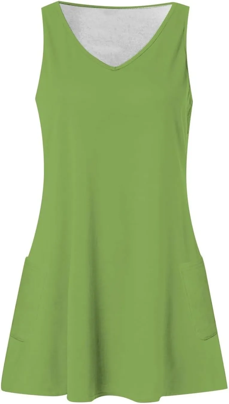 Tank Dresses with Pockets for Women Beach Boho V Neck Sleeveless Tshirt Dress Casual Loose Flowy Solid Travel Sundress