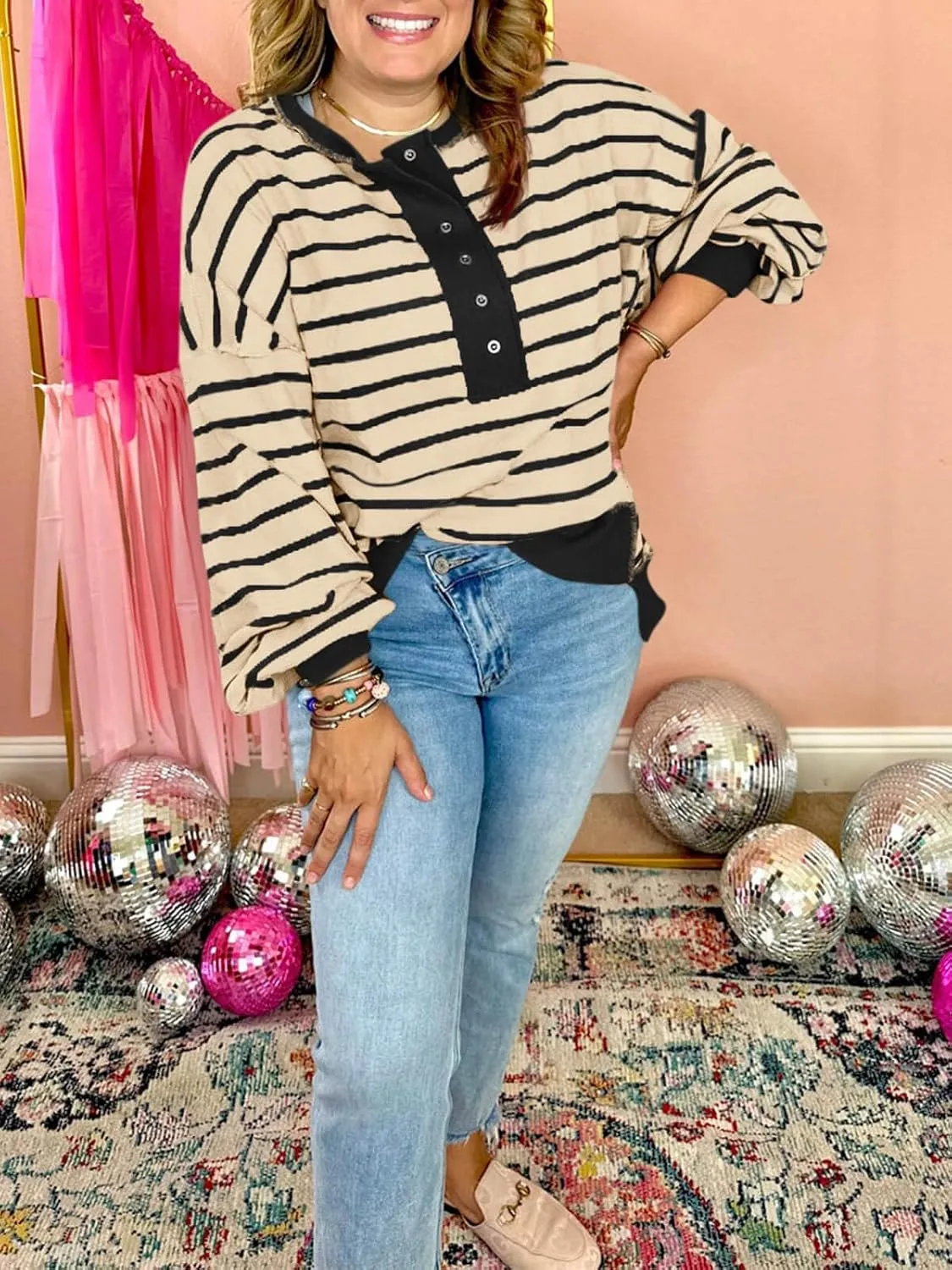Tankaneo Womens Oversized Striped Sweatshirts Henley Shirts Color Block Casual Pullover Waffle Knit Tops