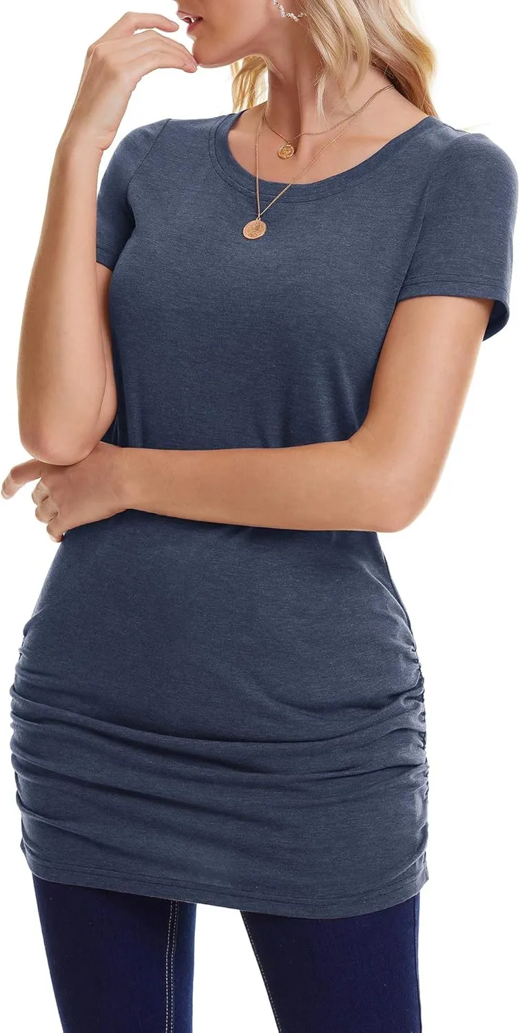 TORARY Women's 2024 Casual Long Sleeves Slim Fit Crew Neck Ruched Tunic Top T-Shirt Dress
