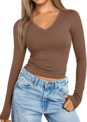 Trendy Queen Long Sleeve Shirts for Women 2025 Fall Fashion V Neck Basics Crop Tops Slim Fitted Y2K Tops Outfits Clothes