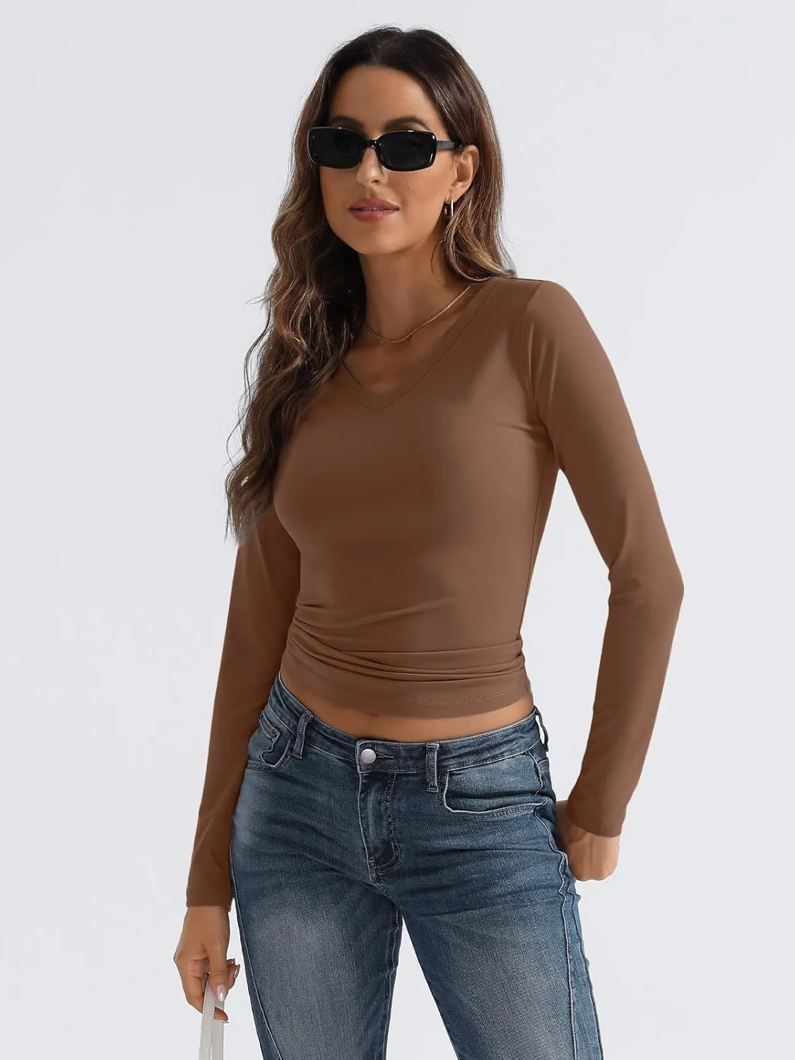 Trendy Queen Long Sleeve Shirts for Women 2025 Fall Fashion V Neck Basics Crop Tops Slim Fitted Y2K Tops Outfits Clothes