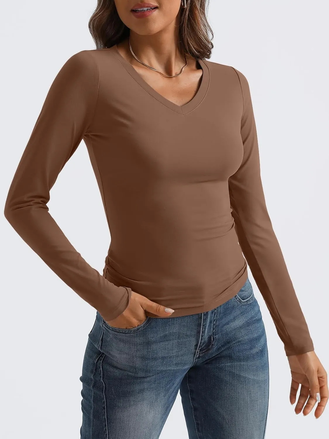 Trendy Queen Long Sleeve Shirts for Women 2025 Fall Fashion V Neck Basics Crop Tops Slim Fitted Y2K Tops Outfits Clothes