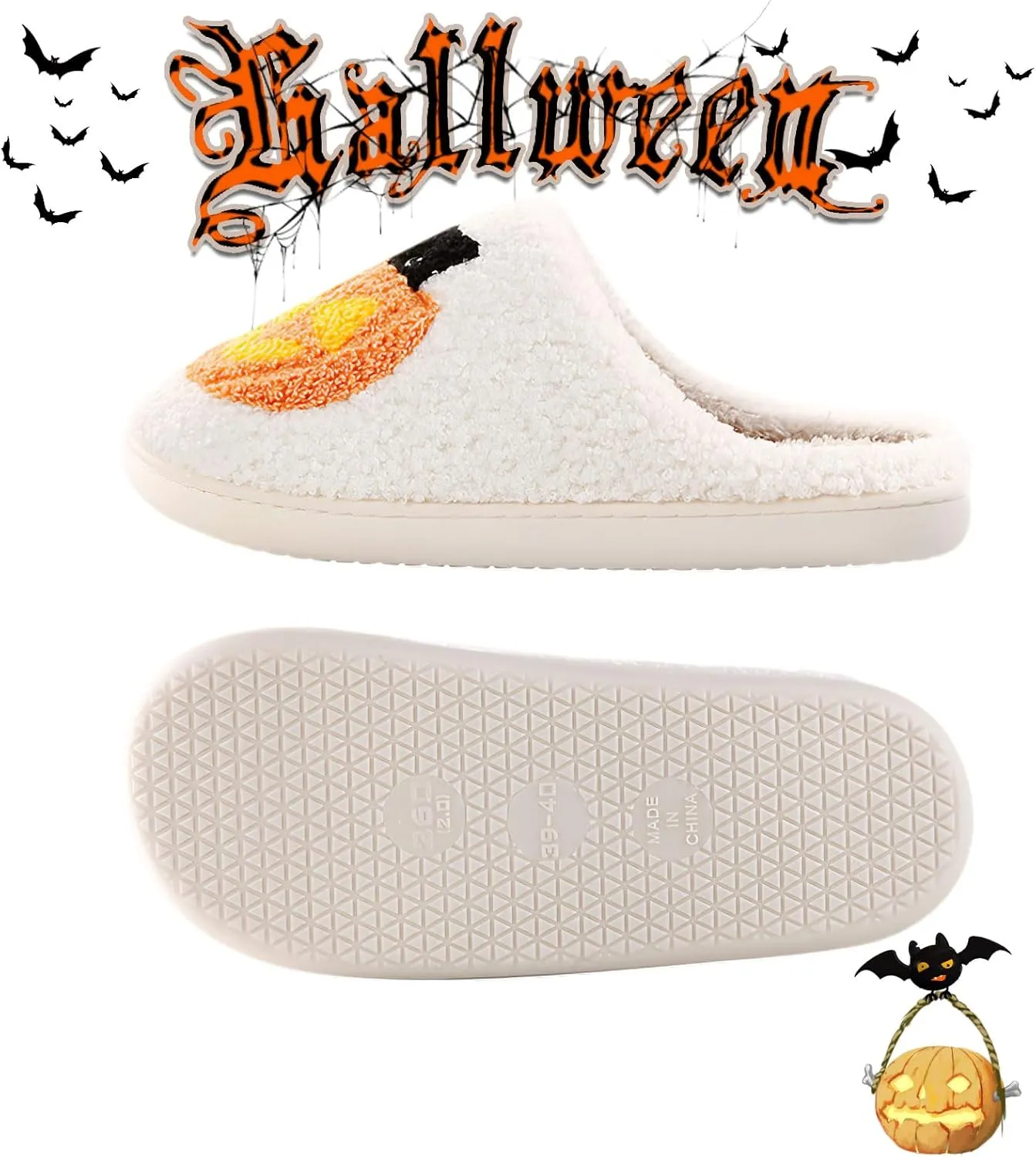 Unisex-Adult Halloween Cat, Bat, Spider Spider Web Plush Faux Fur Slippers