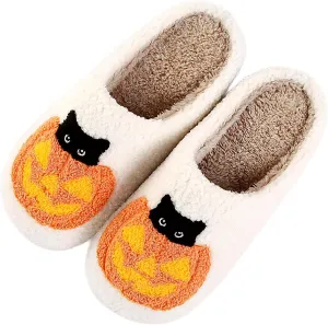 Unisex-Adult Halloween Cat, Bat, Spider Spider Web Plush Faux Fur Slippers