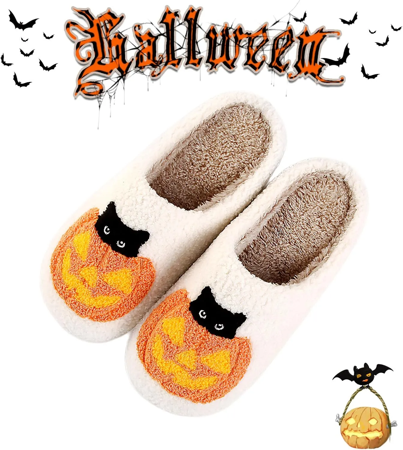 Unisex-Adult Halloween Cat, Bat, Spider Spider Web Plush Faux Fur Slippers