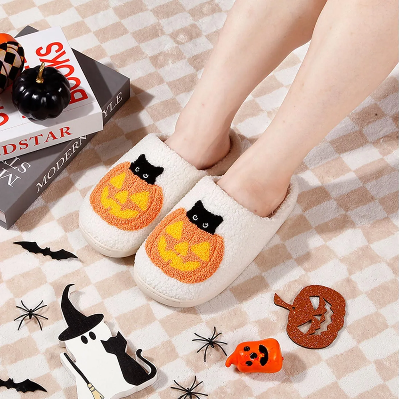 Unisex-Adult Halloween Cat, Bat, Spider Spider Web Plush Faux Fur Slippers