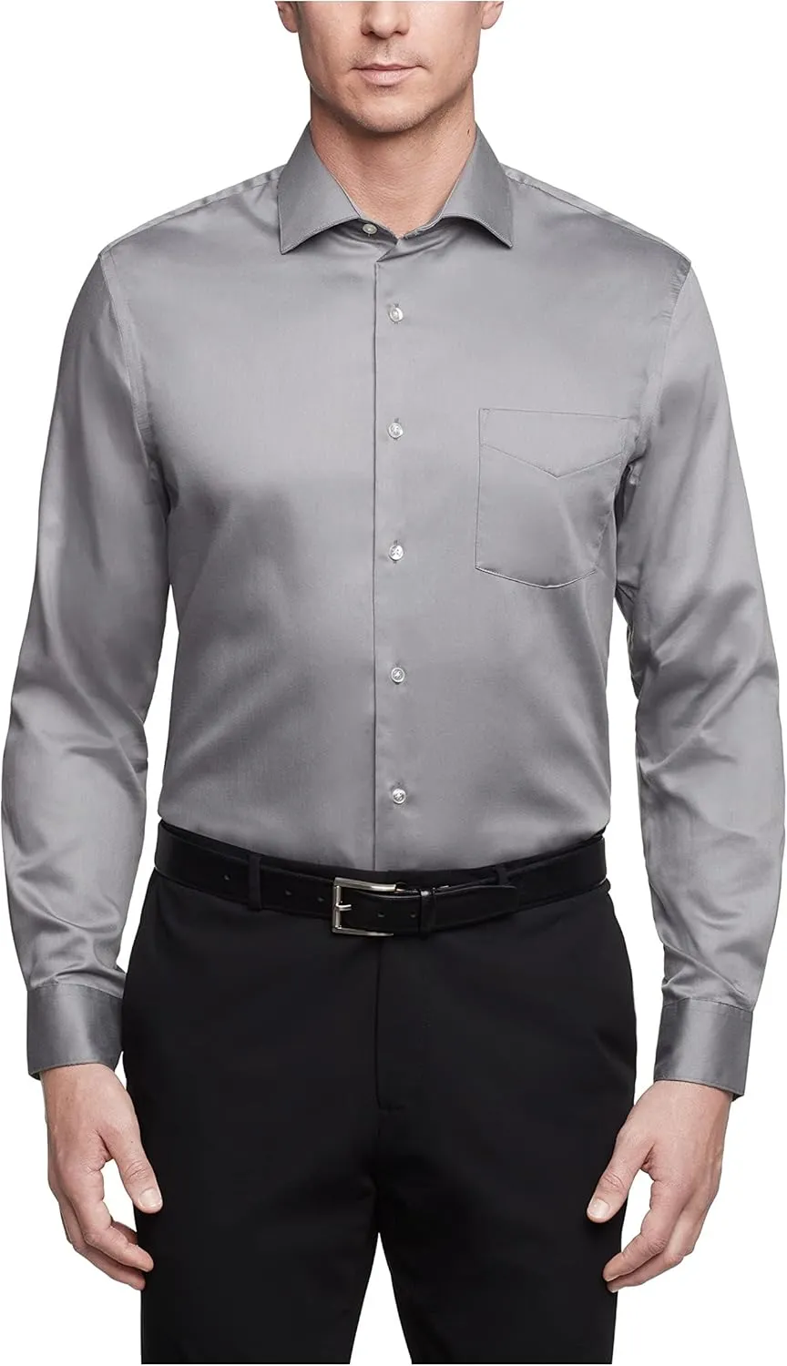 Van Heusen Men's Dress Shirts Regular Fit Lux Sateen Stretch Solid, Grey, 17" Neck 34"-35" Sleeve