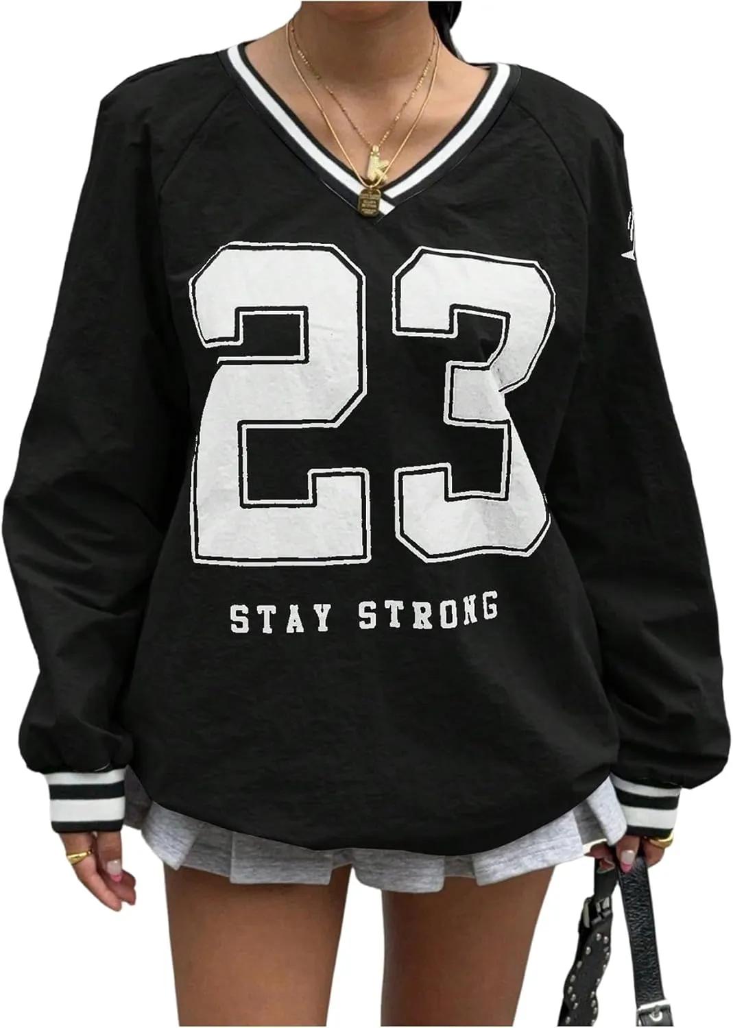 Verdusa Women's Graphic Loose Jersey Shirts V Neck Long Sleeve Game Sweatshirts Top
