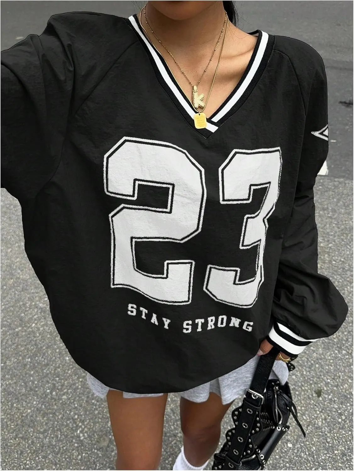 Verdusa Women's Graphic Loose Jersey Shirts V Neck Long Sleeve Game Sweatshirts Top