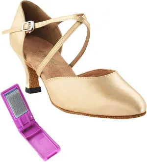 Very Fine Dance Shoes - Ladies Latin, Rhythm, Salsa, Waltz, Wedding Dance Shoes - 9691-2.5-inch Heel and Foldable Brush Bundle - Light Brown Satin - 5.5