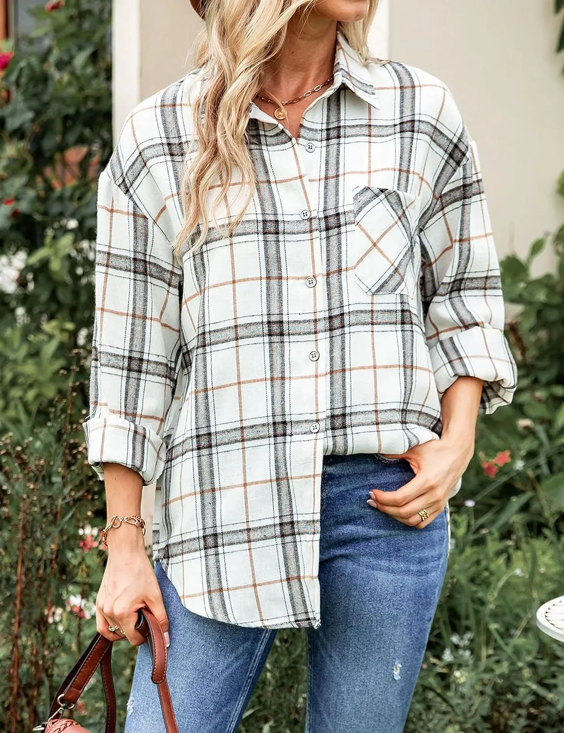 Wanzetaly Womens Casual Oversized Flannel Plaid Button Down Long Sleeve Shirts Fashion Blouse Tops with Pocket