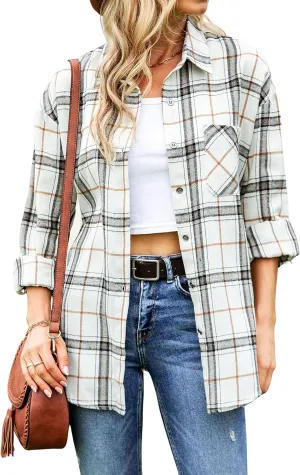 Wanzetaly Womens Casual Oversized Flannel Plaid Button Down Long Sleeve Shirts Fashion Blouse Tops with Pocket