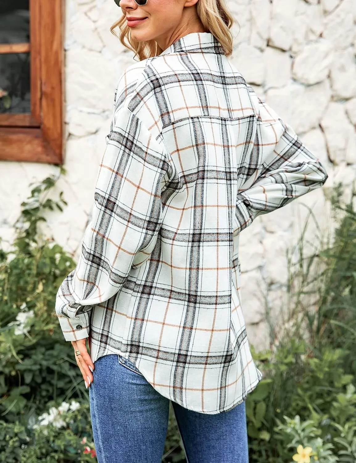Wanzetaly Womens Casual Oversized Flannel Plaid Button Down Long Sleeve Shirts Fashion Blouse Tops with Pocket