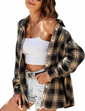 Wanzetaly Womens Casual Oversized Flannel Plaid Button Down Long Sleeve Shirts Fashion Blouse Tops with Pocket
