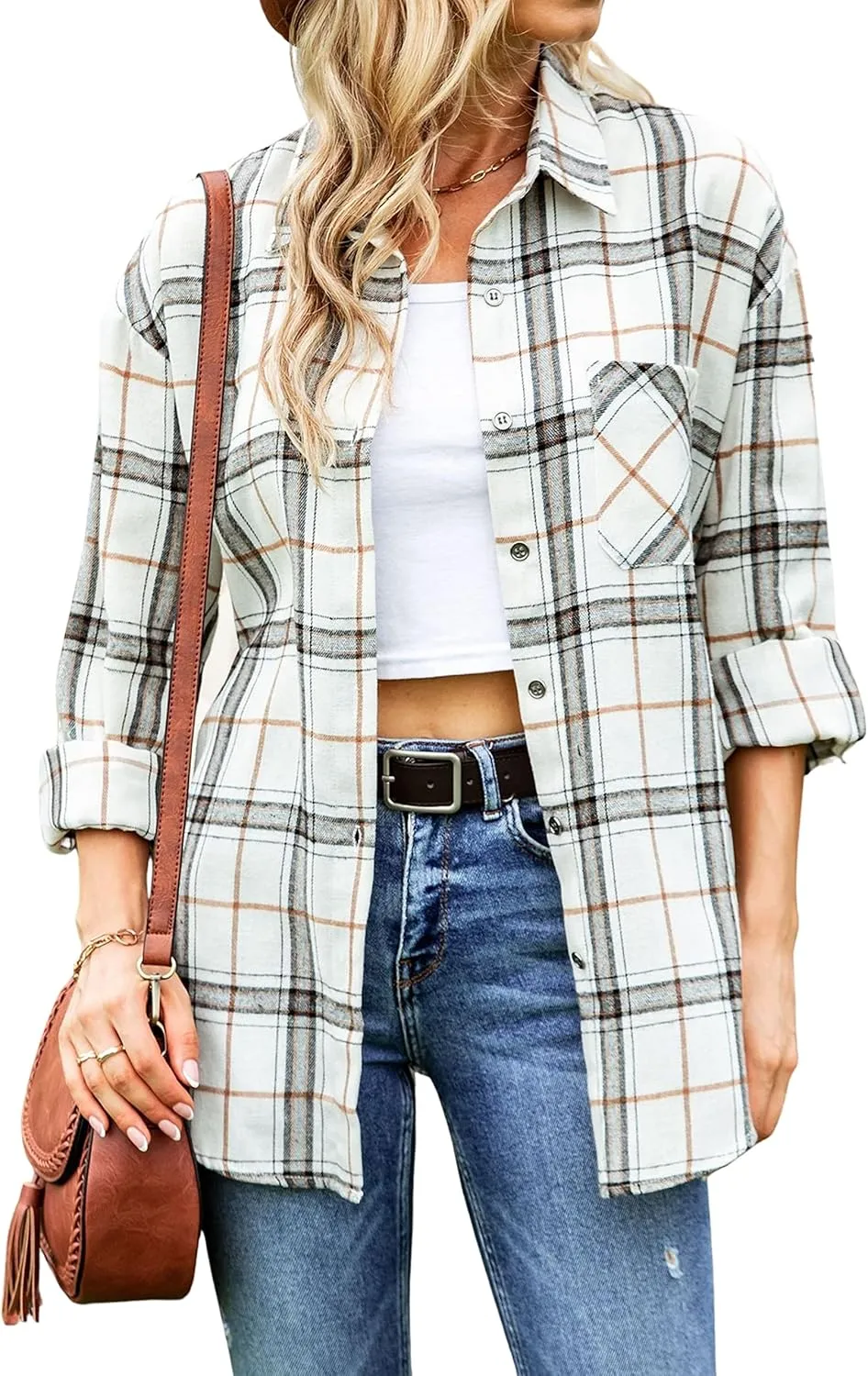 Wanzetaly Womens Casual Oversized Flannel Plaid Button Down Long Sleeve Shirts Fashion Blouse Tops with Pocket