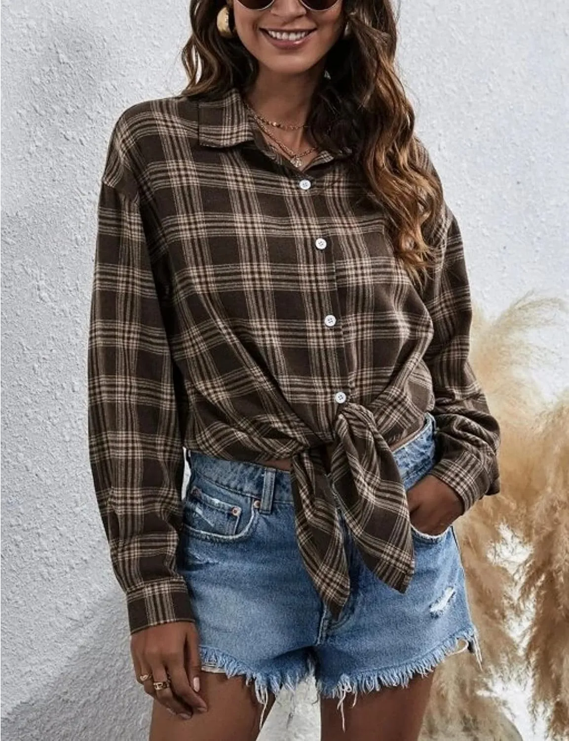Wanzetaly Womens Casual Oversized Flannel Plaid Button Down Long Sleeve Shirts Fashion Blouse Tops with Pocket