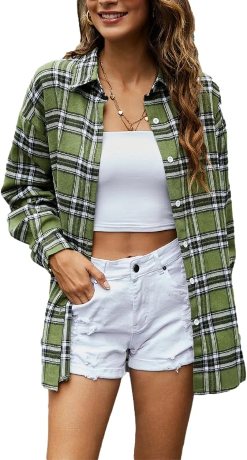 Wanzetaly Womens Casual Oversized Flannel Plaid Button Down Long Sleeve Shirts Fashion Blouse Tops with Pocket