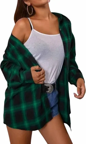 Wanzetaly Womens Casual Oversized Flannel Plaid Button Down Long Sleeve Shirts Fashion Blouse Tops with Pocket