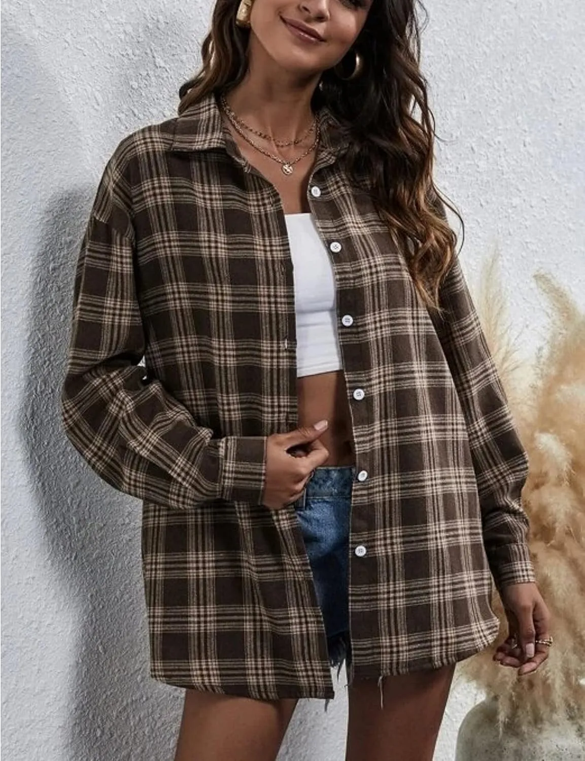 Wanzetaly Womens Casual Oversized Flannel Plaid Button Down Long Sleeve Shirts Fashion Blouse Tops with Pocket