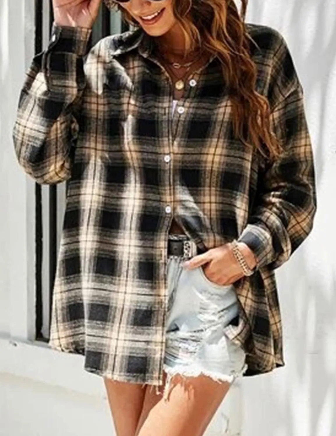 Wanzetaly Womens Casual Oversized Flannel Plaid Button Down Long Sleeve Shirts Fashion Blouse Tops with Pocket