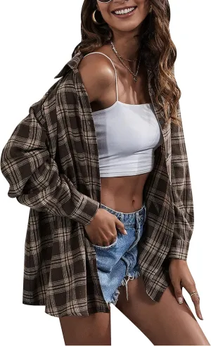 Wanzetaly Womens Casual Oversized Flannel Plaid Button Down Long Sleeve Shirts Fashion Blouse Tops with Pocket