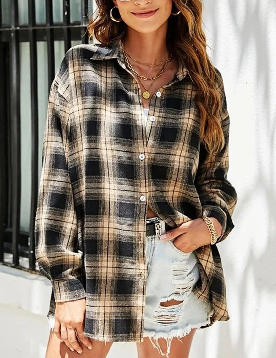 Wanzetaly Womens Casual Oversized Flannel Plaid Button Down Long Sleeve Shirts Fashion Blouse Tops with Pocket