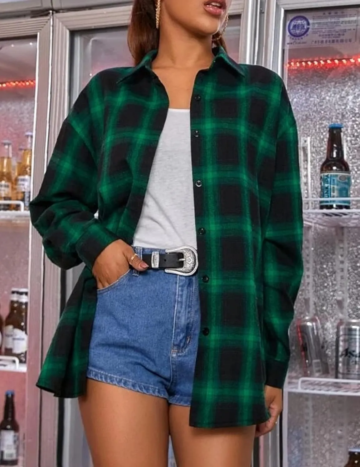 Wanzetaly Womens Casual Oversized Flannel Plaid Button Down Long Sleeve Shirts Fashion Blouse Tops with Pocket