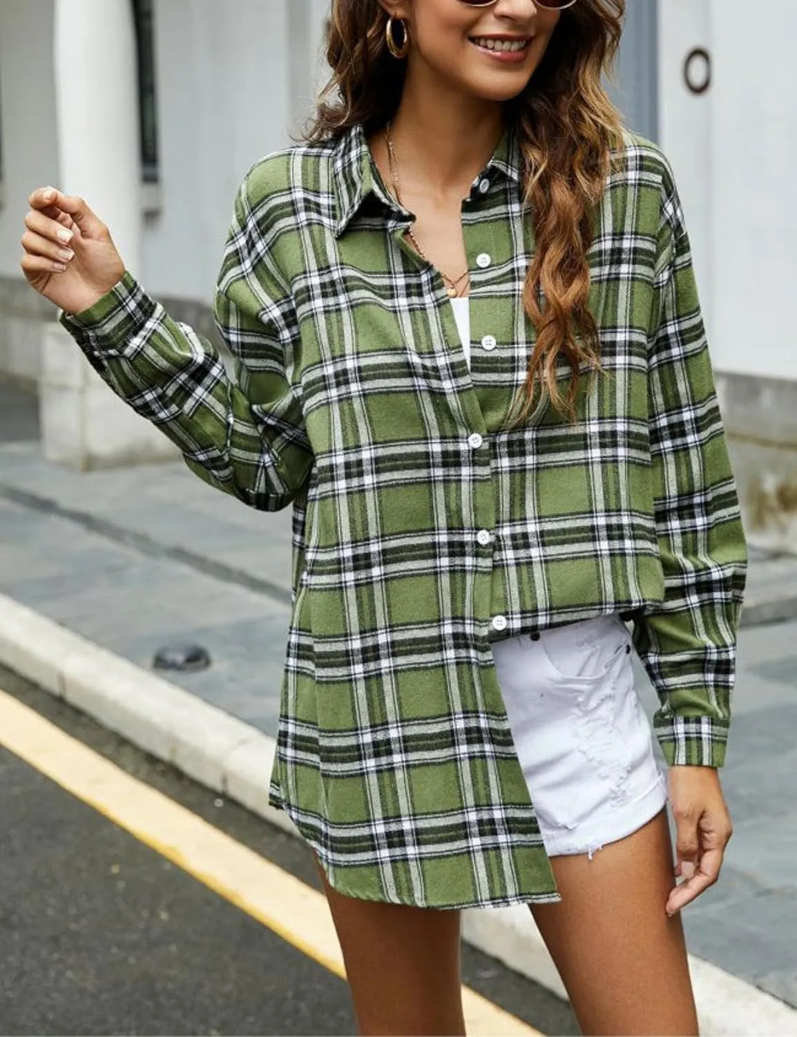 Wanzetaly Womens Casual Oversized Flannel Plaid Button Down Long Sleeve Shirts Fashion Blouse Tops with Pocket