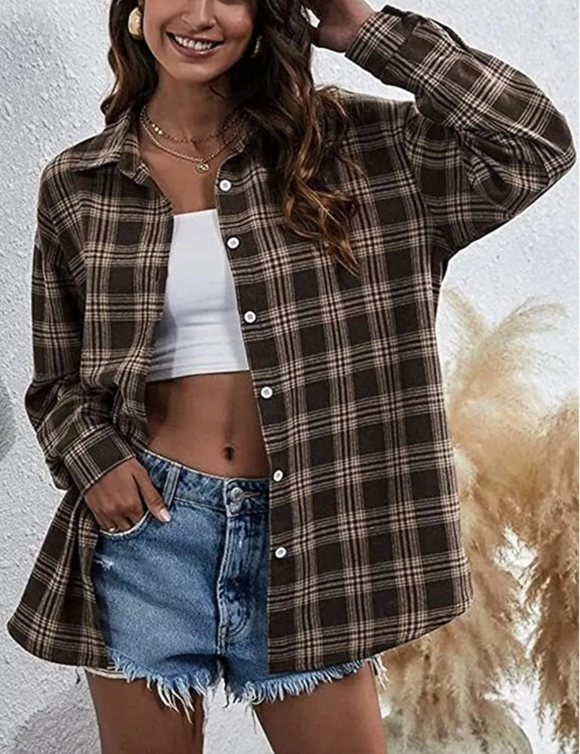 Wanzetaly Womens Casual Oversized Flannel Plaid Button Down Long Sleeve Shirts Fashion Blouse Tops with Pocket