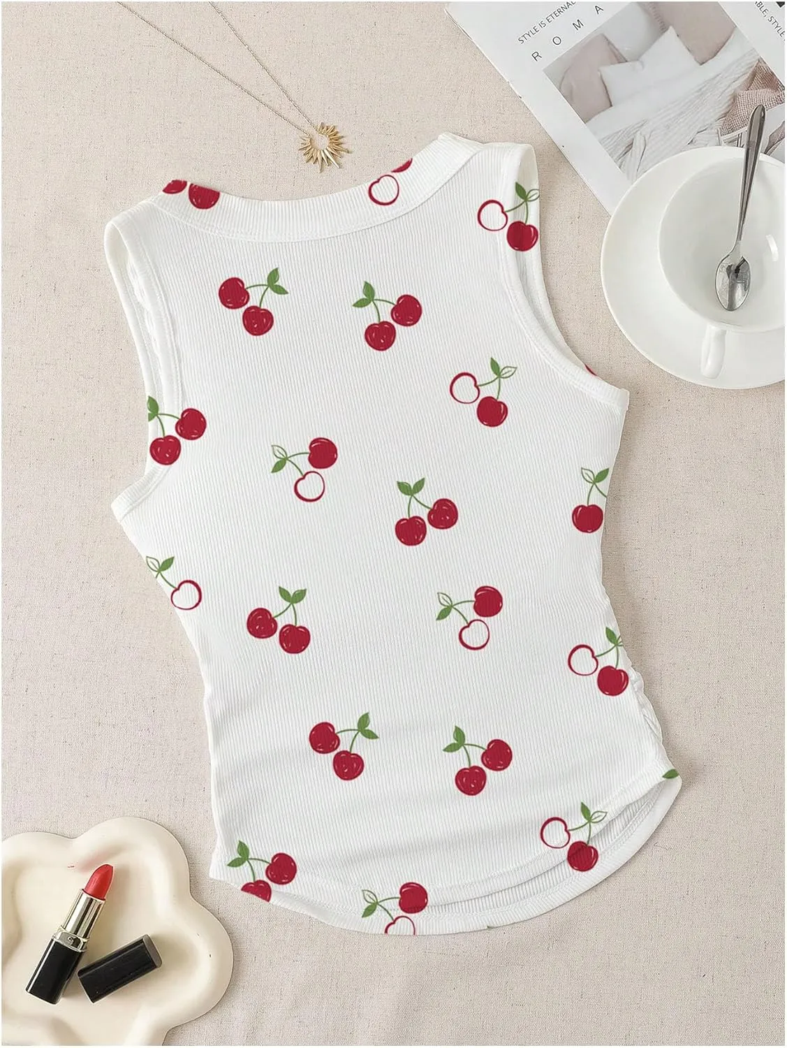 WDIRARA Women's Cherry Print Curve Hem Tank Top Sleeveless Scoop Neck Rib Knit Shirts