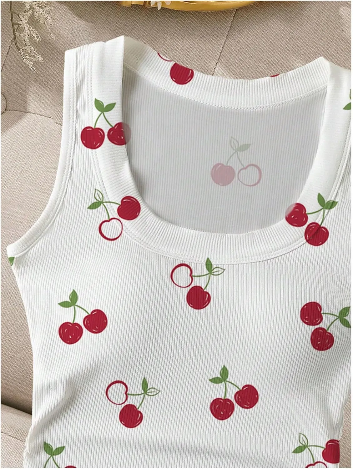 WDIRARA Women's Cherry Print Curve Hem Tank Top Sleeveless Scoop Neck Rib Knit Shirts