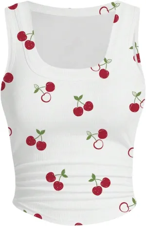 WDIRARA Women's Cherry Print Curve Hem Tank Top Sleeveless Scoop Neck Rib Knit Shirts