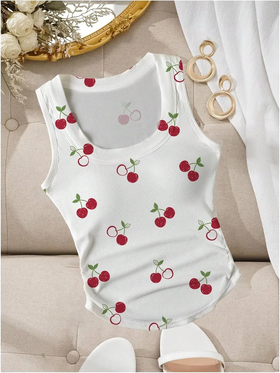 WDIRARA Women's Cherry Print Curve Hem Tank Top Sleeveless Scoop Neck Rib Knit Shirts