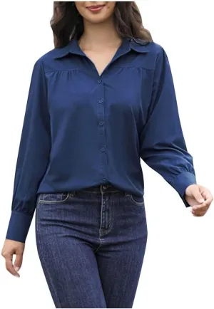 White Button Down Shirt Women Dressy Business Long Sleeve Collared Dress Shirts V Neck Plain Daily Loose Tops