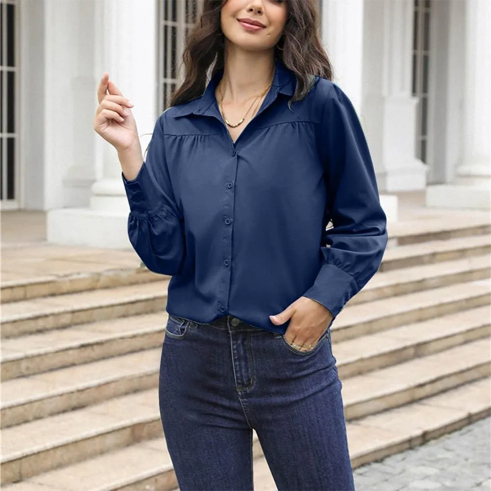 White Button Down Shirt Women Dressy Business Long Sleeve Collared Dress Shirts V Neck Plain Daily Loose Tops