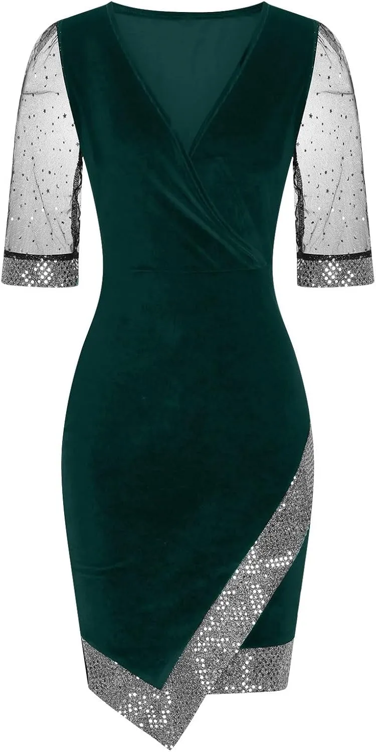 Women Sequin Mesh See Through 3/4 Sleeve Pencil Evening Dress Plus Size Wrap Glitter Velvet Patchwork Cocktail Gowns