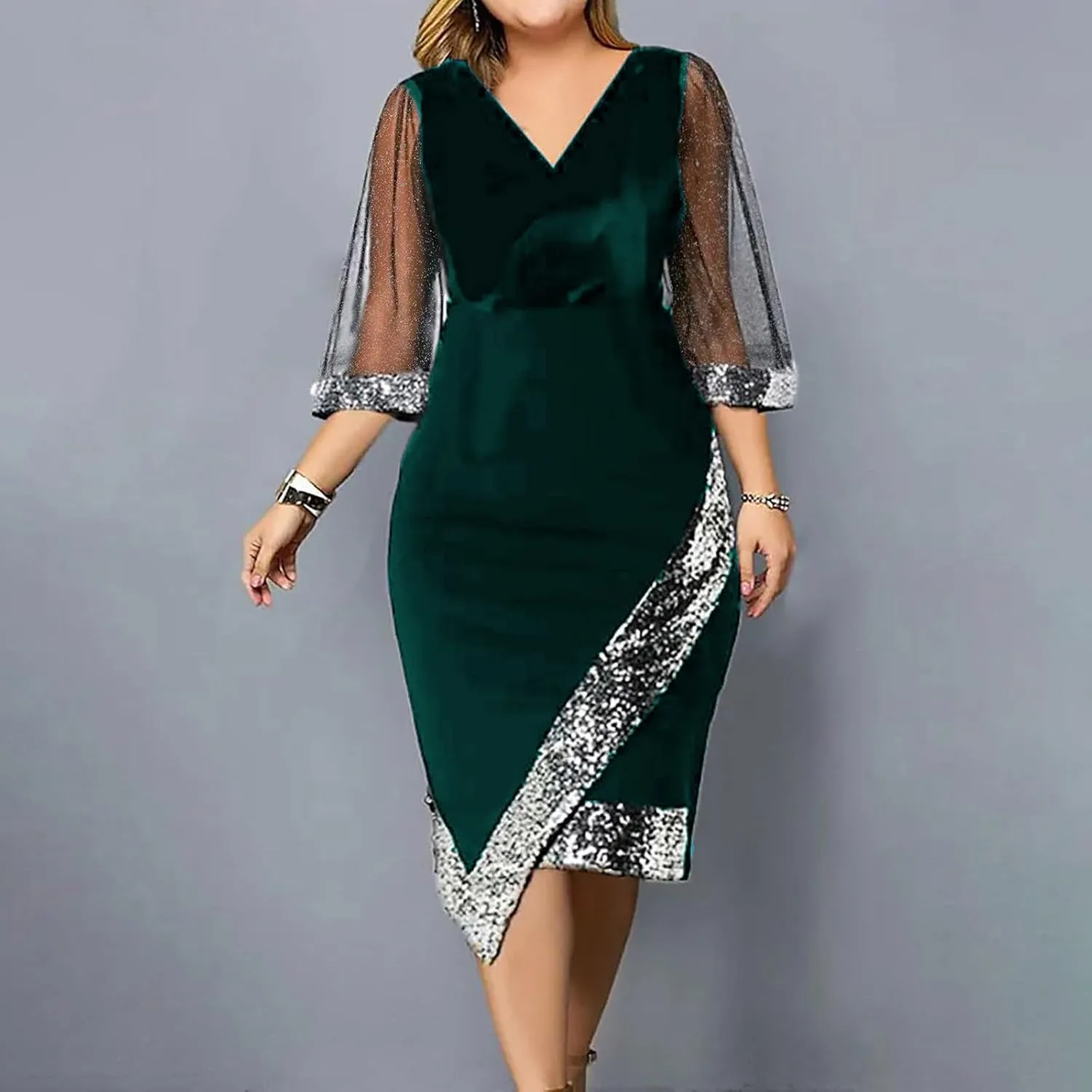 Women Sequin Mesh See Through 3/4 Sleeve Pencil Evening Dress Plus Size Wrap Glitter Velvet Patchwork Cocktail Gowns