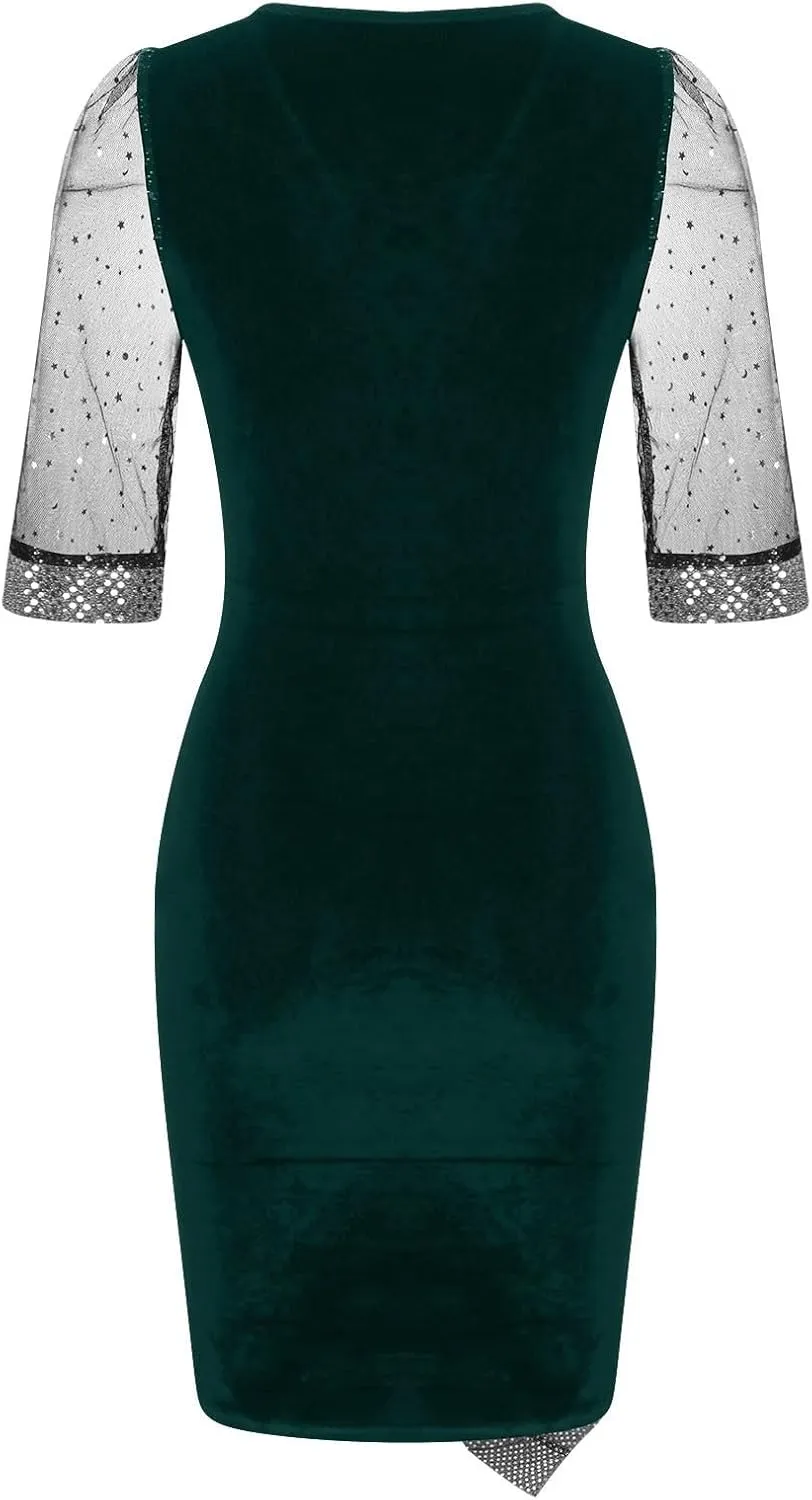 Women Sequin Mesh See Through 3/4 Sleeve Pencil Evening Dress Plus Size Wrap Glitter Velvet Patchwork Cocktail Gowns